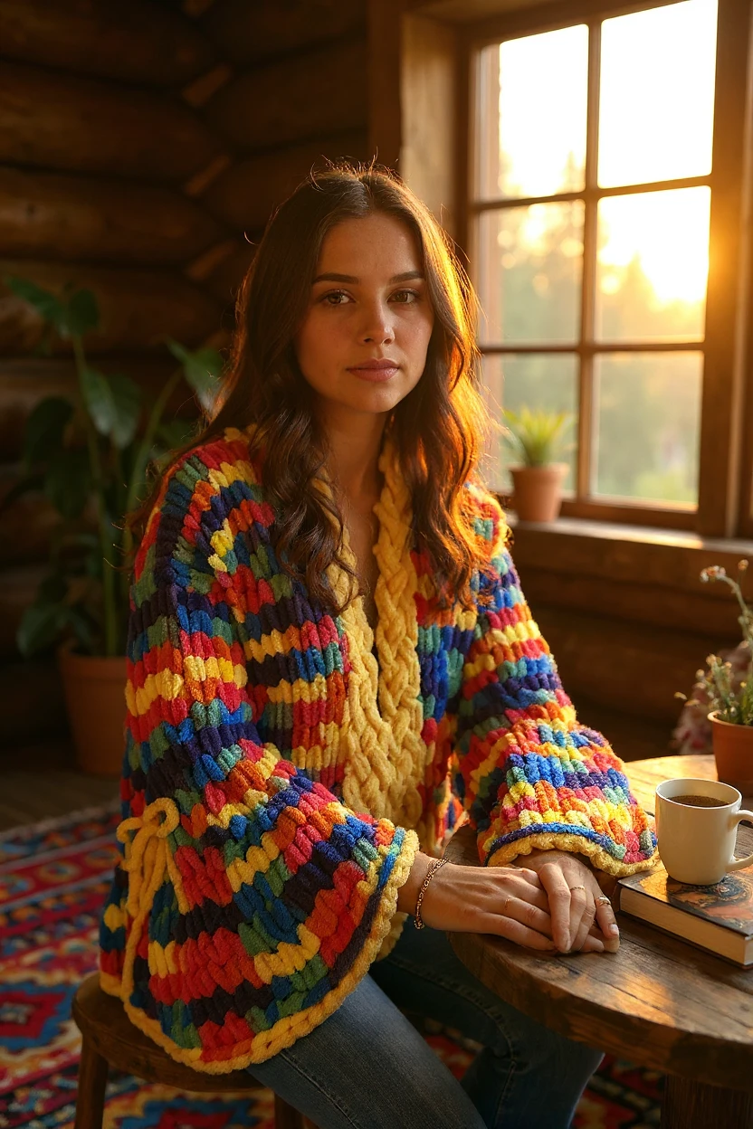 El yapımı renkli puffy chunky hırka
