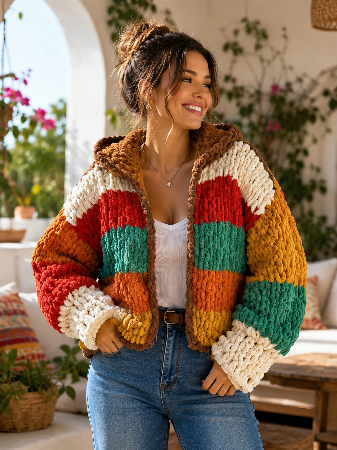 El yapımı örgü retro kapüşonlu chunky Polar hırka