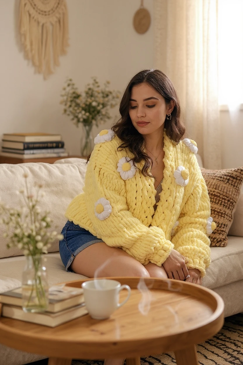 El yapımı tereyağ sarısı çiçekli chunky puffy hırka