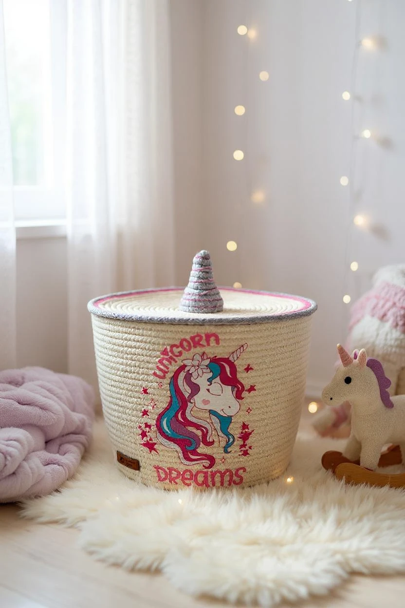 25x20 El yapımı Unicorn baskılı kapaklı düzenleyici sepet