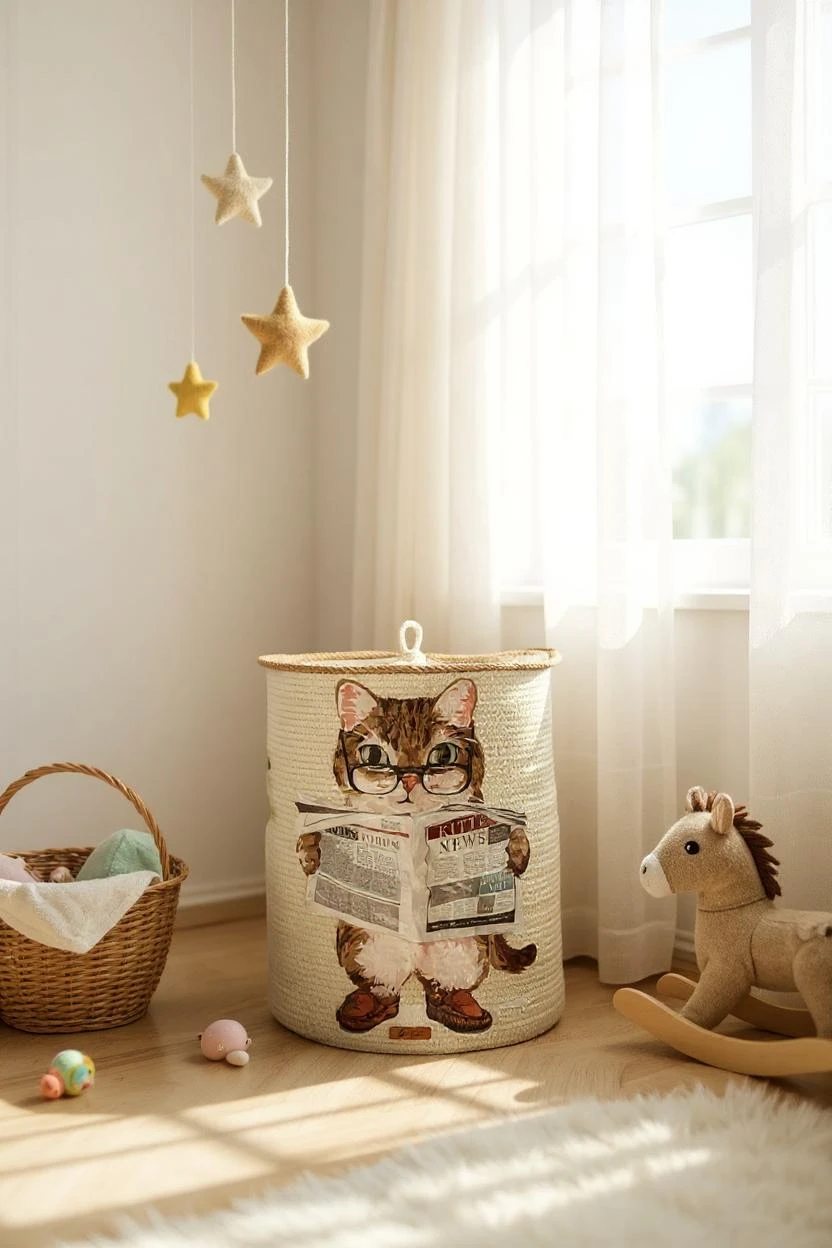 35x40 El yapımı kedi baskılı çok amaçlı kapaklı hasır sepet