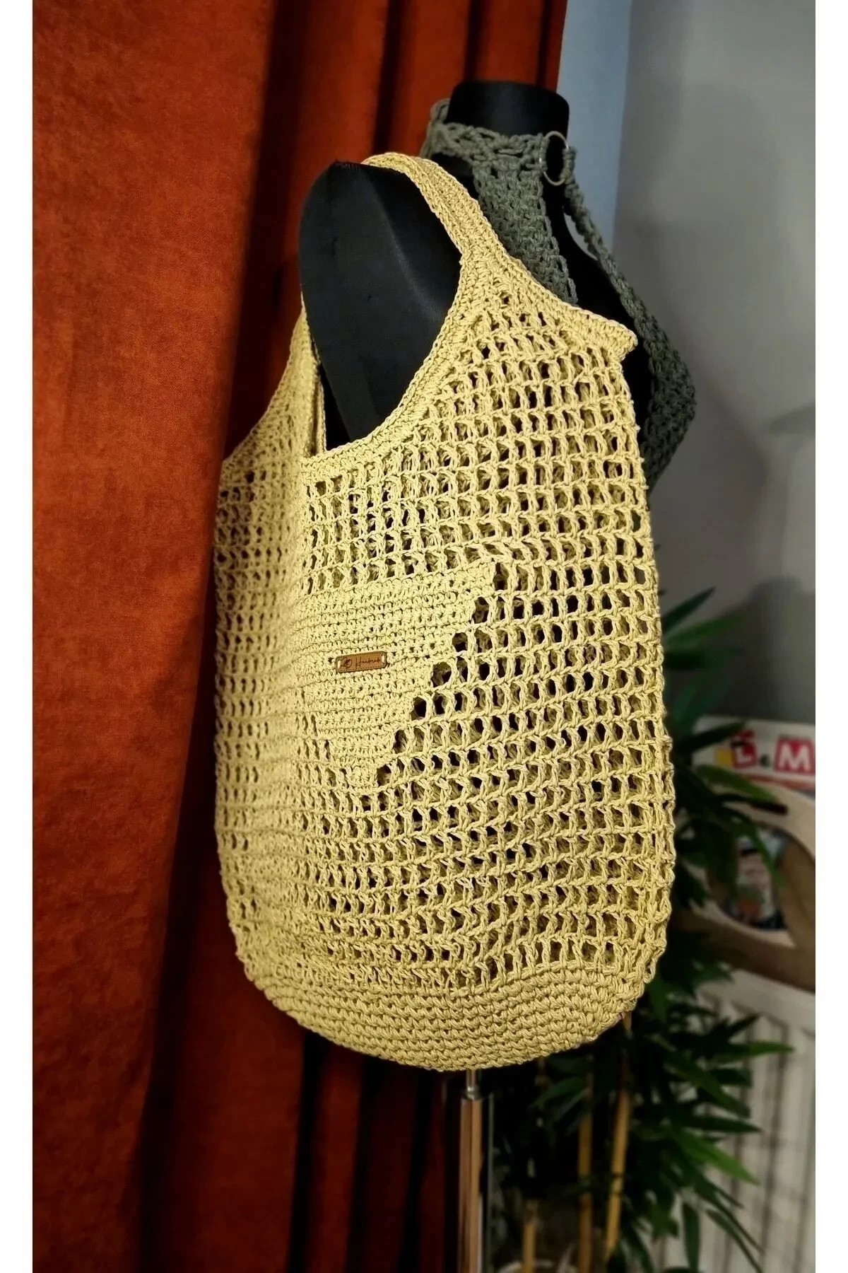 Crochet Büyük Boy Hasır Üçgen Detay Plaj Çantası, Hasır Çanta