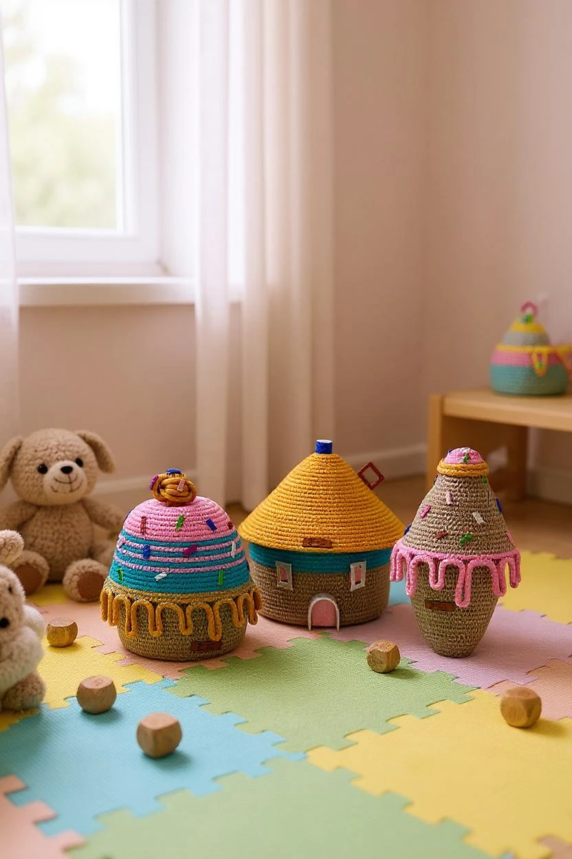 El yapımı tasarım masal temalı 3’lü düzenleyici sepet (Dondurma temalı, ev temalı, cupcake temalı)