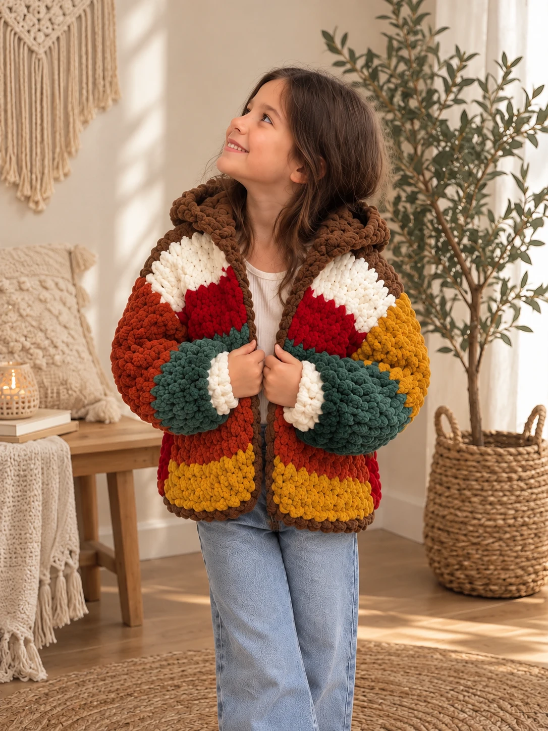 El yapımı örgü retro kapüşonlu ÇOCUK (6-7 YAŞ) chunky polar hırka