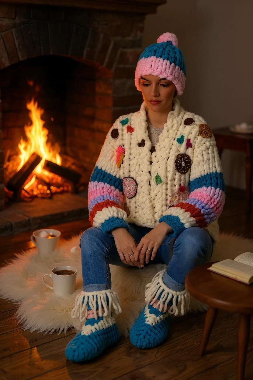 El yapımı TURKUAZ-PEMBE puffy ponponlu örgü bere, polar bere