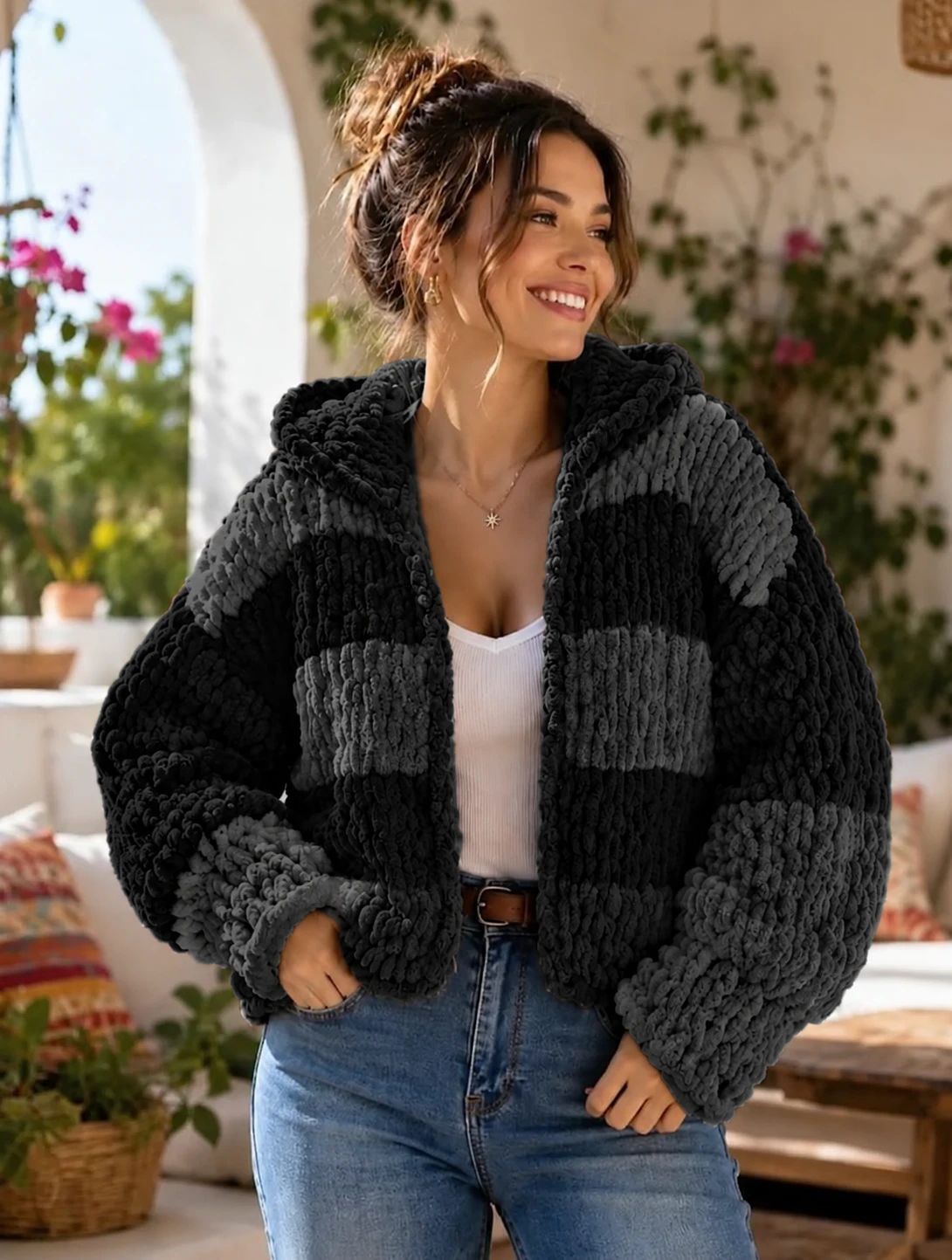 Antrasit & Siyah Chunky Polar El yapımı Kapüşonlu Hırka