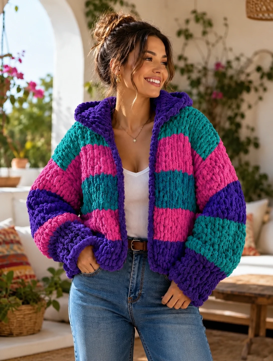 El yapımı 80’s puffy chunky kapüşonlu örgü hırka